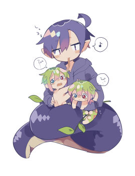 3boys :3 absurdres blue_eyes blue_hair blue_hoodie blush bright_pupils brothers bug caterpillar cowlick extra_arms fang gradient_hair green_hair highres holding hood hood_down hoodie interspecies jitome karato_(uenomigi) leaves long_tongue looking_at_viewer looking_back looking_down male_focus monster_boy monsterification multicolored_hair multiple_boys multiple_persona musical_note original picking_up pink_hair plant pointy_ears ponytail raito-kun_(uenomigi) red_eyes scared serpentine short_hair siblings simple_background size_difference skin_fang snake snake_boy snake_tail spoken_musical_note sweat tail tearing_up tears tongue tongue_out two-tone_hair uenomigi white_background white_pupils