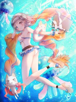 1girl absurdres bag bare_shoulders blue_eyes blue_hair blue_scrunchie breasts cat caustics commentary_request commission frilled_one-piece_swimsuit frills gradient_hair grey_hair heterochromia highres holding holding_bag indie_virtual_youtuber jellyfish koron_(tkhsrui) medium_breasts medium_hair multicolored_hair one-piece_swimsuit orange_sash pink_eyes pink_hair platform_heels scrunchie sidelighting skeb_commission solo swim_ring swimsuit underwater virtual_youtuber water white_one-piece_swimsuit white_scrunchie wrist_scrunchie yumesaki_yun