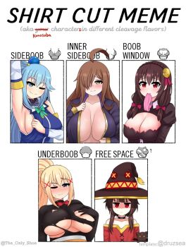 5girls ahoge angry aqua_(konosuba) aqua_eyes aqua_hair arm_up armpits artist_name blonde_hair blue_eyes blush bodysuit bow bowtie braid breast_envy breasts brown_hair chomusuke cleavage cleavage_cutout clothes_grab clothing_cutout collar darkness_(konosuba) detached_sleeves embarrassed english_text flat_chest flat_chest_joke hair_between_eyes hair_ornament hair_over_one_eye half-closed_eyes hat huge_breasts jewelry kono_subarashii_sekai_ni_shukufuku_wo! large_breasts long_hair looking_at_viewer low_twintails megumin meme mouth_hold multiple_drawing_challenge multiple_girls necktie necktie_grab neckwear_grab no_bra one_eye_closed open_clothes ponytail ponytail_with_braided_base red_eyes shaded_face shirt shirt_cut_meme sideboob sleeveless sleeveless_shirt smile source_request sweat sweatdrop the_only_shoe torn_bodysuit torn_clothes twintails twitter_username underboob very_long_hair watermark wavy_mouth witch_hat wiz_(konosuba) yellow_eyes yunyun_(konosuba)