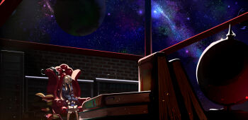 1girl abigail_williams_(fate) abigail_williams_(first_ascension)_(fate) black_bow black_dress black_hat blonde_hair bloomers blue_eyes book bow breasts cat chair commentary_request dress fate/grand_order fate_(series) forehead gajumaru09 hair_bow hat long_hair long_sleeves looking_to_the_side orange_bow parted_bangs ribbed_dress sitting sleeves_past_fingers sleeves_past_wrists small_breasts space star_(sky) underwear unworn_hat unworn_headwear white_bloomers