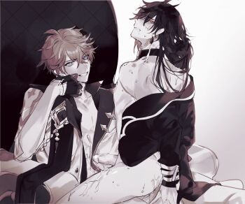2boys anal bdsm bite_mark bite_mark_on_shoulder blush bound bound_wrists collar cum drooling ejaculation genshin_impact hand_on_chin hickey hickey_marks looking_at_viewer male_penetrated mors_gn multiple_boys penis sex smirk straddling sweat yaoi