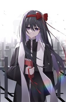 1girl absurdres akemi_homura alternate_costume black_hair black_robe book bow cassock closed_mouth colored_inner_hair commentary cowboy_shot cross english_commentary falling_petals graveyard hair_between_eyes hair_bow hairband hand_up highres holding holding_book long_bangs long_hair long_sleeves looking_at_viewer mahou_shoujo_madoka_magica mahou_shoujo_madoka_magica_(anime) multicolored_hair petals priest purple_eyes red_bow red_hairband red_ribbon ribbon robe shadow shiyan_ying solo split_mouth standing stole wispy_bangs