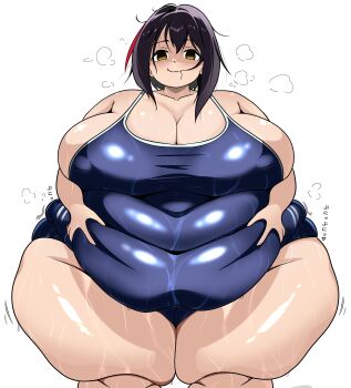 Rule 34 | 1girl, belly, belly grab, black hair, blue one-piece swimsuit, breasts, cleavage, covered navel, empty eyes, fat, fat rolls, fat woman, hair in own mouth, hands on own stomach, huge breasts, medium hair, multicolored hair, obese, one-piece swimsuit, original, red hair, smile, solo, sound effects, standing, swimsuit, thick thighs, thighs, usagirin, wet, white background, wide hips, yandere, yellow eyes