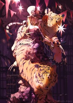 1girl animal animal_on_shoulder bare_shoulders blonde_hair blue_eyes bracelet burn_scar cage circus circus_tent collar collared_dress d.gray-man dress earrings facial_mark floating_earrings floating_hair flower_as_hat frilled_dress frills gown hair_between_eyes hair_over_one_eye hat highres holding holding_whip indoors jewelry klaud_nine large_hat lau_shimin layered_dress lipgloss long_dress long_hair looking_at_viewer looking_back mature_female monkey parted_lips profile purple_background purple_dress scar scar_on_face sidelocks sitting sitting_on_cage solo star_(symbol) string_of_flags tent tent_interior tiger tsukini_shigure twitter_username whip