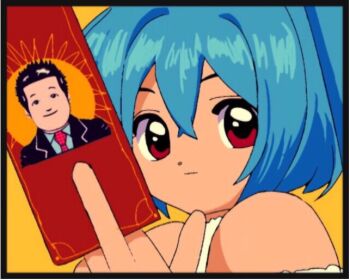 1boy blue_hair card cardcaptor_sakura closed_mouth commentary_request derivative_work hair_between_eyes hand_up holding holding_card karasawa_takahiro kenma-kun koushinism looking_at_viewer oimo_(oimonius) red_eyes screenshot_redraw solo yellow_background