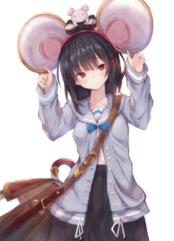 1girl absurdres animal_ears arms_up bag black_hair black_skirt breasts brown_bag brown_eyes commentary_request cowboy_shot fake_animal_ears granblue_fantasy highres long_sleeves looking_at_viewer mouse_(animal) mouse_ears sailor_collar shoulder_bag simple_background skirt solo ukiwakisen vikala_(event)_(granblue_fantasy) vikala_(granblue_fantasy) white_background