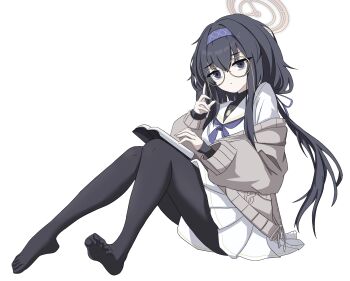 1girl absurdres black_hair black_pantyhose blue_archive blue_eyes blue_hairband blue_neckerchief book brown_cardigan cardigan commentary_request frown full_body glasses hair_between_eyes hairband halo highres knees_up long_hair long_sleeves mili_mli neckerchief no_shoes off_shoulder open_cardigan open_clothes pantyhose pleated_skirt reading sailor_collar shirt sidelocks simple_background sitting skirt sleeves_past_wrists solo turtleneck turtleneck_shirt ui_(blue_archive) white_background white_sailor_collar white_shirt white_skirt yellow_halo