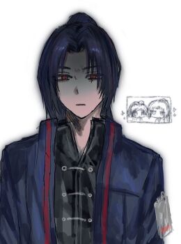 1boy black_shirt blue_hair blue_jacket character_request chibi chibi_inset hashtag-only_commentary high_ponytail jacket jia_huan_(project_moon) limbus_company papadayo1919 ponytail project_moon red_eyes shaded_face shirt simple_background solo sparkle upper_body white_background