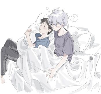 Rule 34 | 2boys, ?, bed sheet, black pants, blue shirt, blush, brown hair, closed eyes, grey hair, hair between eyes, highres, ikari shinji, m3gris3, male focus, multiple boys, nagisa kaworu, neon genesis evangelion, on bed, pants, pillow, purple shirt, shirt, short hair, sleeping, sleeping together, spoken question mark, waking up, yaoi