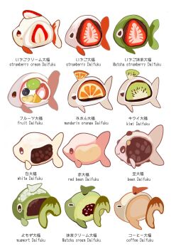 animal commentary daifuku english_commentary english_text fish food food-themed_creature fruit highres ichigo_daifuku kiwi_(fruit) kiwi_slice mikan_daifuku no_humans okashitofushigi orange_(fruit) orange_slice original red_bean_paste strawberry strawberry_slice wagashi