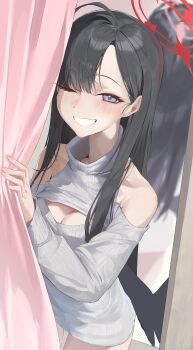 Rule 34 | 1girl, absurdres, ahoge, black hair, black wings, blue archive, blush, breasts, cleavage, cleavage cutout, clothing cutout, commentary, curtains, grey eyes, grey sweater, halo, highres, ichika (blue archive), long hair, long sleeves, looking at viewer, matcha (matttttya1), medium breasts, one eye closed, red halo, reflection, shoulder cutout, smile, solo, sweater, swept bangs, turtleneck, turtleneck sweater, upper body, wings