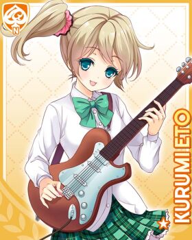 Rule 34 | 1girl, :d, bow, bowtie, brown hair, card (medium), character name, eto kurumi, girlfriend (kari), green bow, green bowtie, green eyes, green skirt, guitar, hair ornament, hair scrunchie, holding, holding plectrum, instrument, looking at viewer, official art, open mouth, plaid clothes, plaid skirt, pleated skirt, plectrum, qp:flapper, school uniform, scrunchie, shirt, side ponytail, skirt, smile, solo, white shirt, yellow background