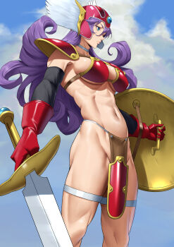 1girl abs absurdres armor bikini_armor blue_eyes blue_sky breasts cleavage cloud cloudy_sky commentary_request dragon_quest dragon_quest_iii helmet highres jewelry large_breasts long_hair muscular muscular_female navel pauldrons purple_hair red_armor shield shoulder_armor silver_thighlet sky solo sword thick_thighs thighlet thighs warrior_(dq3) weapon winged_helmet yoshio_(55level)
