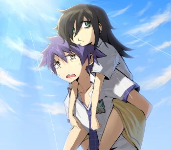 Rule 34 | 1boy, 1girl, annoyed, bags under eyes, bare legs, black hair, blue hair, blue sky, carrying, clothes around waist, collarbone, commentary, day, dress, english commentary, green eyes, hair over one eye, hetero, highres, jacket, jacket around waist, kuroki tomoko, long hair, necktie, nishijou takumi, open collar, optaku, piggyback, plaid clothes, plaid necktie, purple necktie, school uniform, short hair, sky, suimei academy school uniform, summer uniform, thighs, watashi ga motenai no wa dou kangaetemo omaera ga warui!, yellow eyes