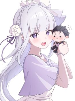1boy 1girl :d beads blunt_bangs blush bracelet braid capelet character_doll commentary_request crown_braid doll dress emilia_(re:zero) flower hair_flower hair_ornament hair_ribbon highres holding holding_doll hugging_doll hugging_object jewelry long_hair looking_at_viewer natsuki_subaru necklace open_mouth pearl_bracelet pointy_ears poopcoon81 purple_eyes purple_ribbon re:zero_kara_hajimeru_isekai_seikatsu ribbon rose simple_background smile solo teeth upper_body upper_teeth_only white_background white_dress white_flower white_hair white_rose