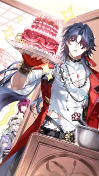 1boy 3girls absurdres bandages beads belt blade_(honkai:_star_rail) blue_hair bracelet cake commentary_request curtained_hair cutoffs earrings eyewear_on_head firefly_(honkai:_star_rail) food glasses goggles gradient_hair hair_over_one_eye headband highres holding holding_food honkai:_star_rail honkai_(series) jacket jewelry kafka_(honkai:_star_rail) kamino_eru long_hair looking_at_viewer male_focus mortenax_blade_(honkai:_star_rail) multicolored_hair multiple_girls necklace open_clothes open_jacket parted_lips peeking_out pince-nez red_pupils silver_wolf_(honkai:_star_rail) silver_wolf_(lv.999)_(honkai:_star_rail) sparkle stellaron_hunters_(honkai:_star_rail) tassel teeth toned toned_male upper_teeth_only very_long_hair yellow_eyes