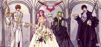 00s 2boys 2girls ascot breasts bride c.c. cape clamp cleavage code_geass copyright_name cover donut_hair_bun dress dvd_cover euphemia_li_britannia flower hair_bun highres holding holding_sword holding_weapon jewelry kururugi_suzaku lelouch_vi_britannia lily_(flower) long_hair multiple_boys multiple_girls necklace off_shoulder scan single_side_bun standing sword unworn_cape very_long_hair wavy_hair weapon wedding_dress white_ascot