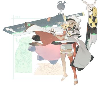 ! 1girl :d :t animal_ear_headwear animal_ears arm_up asymmetrical_gloves asymmetrical_legwear bandaged_arm bandaged_leg bandages blonde_hair breasts burger cape closed_mouth clover colored_eyelashes crop_top dark-skinned_female dark_skin eating facing_to_the_side fake_animal_ears feet fingerless_gloves floating floating_object floating_sword floating_weapon food four-leaf_clover full_body gloves guilty_gear guilty_gear_strive hair_over_one_eye hannim_7h hat hat_ornament highres holding holding_food huge_weapon long_hair looking_at_object looking_at_viewer looking_to_the_side lucifero_(guilty_gear) midriff mouth_hold no_shoes one_eye_covered open_mouth orange_eyes ramlethal_valentine red_bandage sharp_teeth shorts single_glove sleeveless small_breasts smile solo solo_focus sword teeth thigh_strap toes vest weapon white_background white_cape white_hair white_shorts white_vest