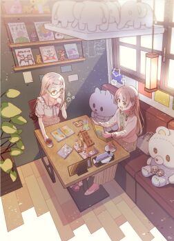 2girls blonde_hair book braid cake camisole character_request closed_mouth couch cup earrings food gakuen_idolmaster glass glasses hair_ornament hairclip highres holding holding_book holding_cup idolmaster indoors jewelry long_hair long_skirt multiple_girls open_mouth orange_eyes parallel_hairclips plant plate potted_plant shinosawa_hiro sitting skirt smile stud_earrings stuffed_animal stuffed_toy table teddy_bear totsuki_tooka white_camisole yellow_eyes