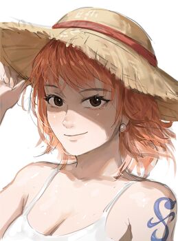 1girl absurdres bare_shoulders breasts brown_eyes camisole cleavage closed_mouth collarbone commentary earrings hand_on_headwear hat highres jewelry large_breasts looking_at_viewer mon_(icebuko) nami_(one_piece) one_piece orange_hair pearl_earrings short_hair shoulder_tattoo smile solo spaghetti_strap straw_hat symbol-only_commentary tattoo upper_body white_background white_camisole