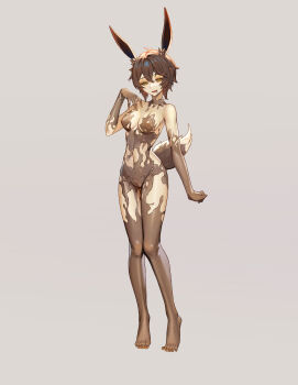 1girl absurdres animal_ears breasts brown_hair commission corruption full_body grey_background half-closed_eyes hand_on_own_chest highres large_variant_set liquid looking_at_viewer medium_breasts naughty_face original pussy rabbit_ears rabbit_girl rabbit_tail shen_hai_ichigo short_hair solo standing tail variant_set yellow_eyes