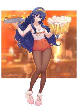 1girl absurdres alcohol alternate_costume armpits beer beer_mug blue_eyes brand_of_the_exalt breasts chicken_wing cleavage commission cup employee_uniform fire_emblem fire_emblem_awakening highres hooters indoors leitz_acaroline long_hair looking_at_viewer lucina_(fire_emblem) mug nintendo orange_shorts print_tank_top short_shorts shorts small_breasts symbol-shaped_pupils tank_top very_long_hair waitress