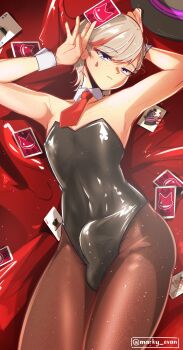1boy absurdres armpits arms_up artist_name black_leotard bulge card detached_collar genshin_impact highres holding holding_card leotard looking_at_viewer lyney_(genshin_impact) male_focus male_playboy_bunny marky_evan necktie pantyhose playboy_bunny playing_card purple_eyes red_necktie solo strapless strapless_leotard trap unworn_headwear wrist_cuffs