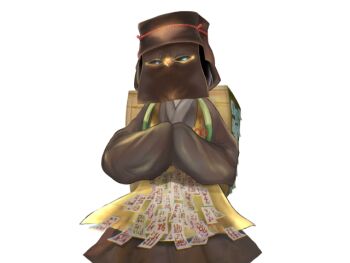 Rule 34 | 1girl, apron, black hair, blue eyes, box, brown hat, brown kimono, crossed arms, game cg, hat, japanese clothes, kagetsumugi (mon-musu quest!), kimono, large variant set, mask, mon-musu quest!, mon-musu quest: paradox, ofuda, red ribbon, ribbon, short hair, un do, variant set, yellow apron