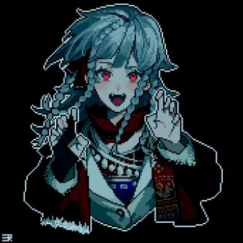 1girl :d ajinasi_nori black_background black_coat claw_pose coat fangs fingerless_gloves gloves grey_hair hands_up highres jacket jewelry long_hair necklace open_mouth pixel_art quad_braids red_eyes reverse:1999 rubuska single_glove smile solo upper_body white_jacket