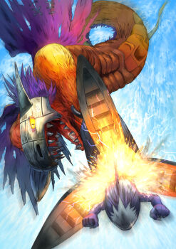 Rule 34 | digimon, digimon (creature), highres, megadramon, missile, open mouth, sharp teeth, solo, teeth, wings, yellow eyes