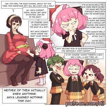 1boy 3girls anya_(spy_x_family) artist_name becky_blackbell black_hair blush bow breasts brown_hair christmas closed_mouth collarbone comic cone_hair_bun damian_desmond dress embarrassed english_text green_hair hair_bow hair_bun hairband hairpods hand_on_another's_stomach hat highres large_breasts looking_at_another multiple_girls open_mouth pantyhose patreon_username pink_hair pregnant red_dress red_eyes red_sweater rtil santa_hat scrunchie short_hair short_hair_with_long_locks sidelocks smile spy_x_family sweater sweater_dress thinking twintails wavy_mouth yor_briar