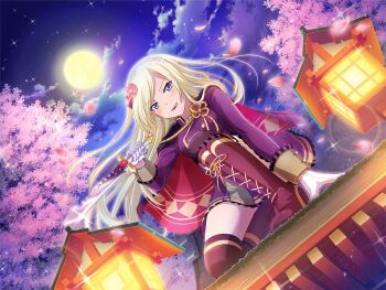1girl :q black_cape blonde_hair blue_eyes boots brown_boots cape cherry_blossoms full_moon game_cg gloves holding holding_knife holding_weapon jacket knee_boots kneeling knife lamppost long_hair looking_at_viewer moon night official_art purple_jacket shoujo_kageki_revue_starlight shoujo_kageki_revue_starlight_-re_live- solo tongue tongue_out v-shaped_eyebrows weapon white_gloves yumeoji_fumi