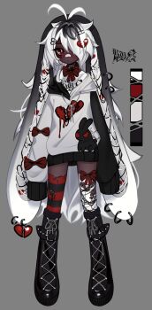 1girl absurdres adoptable antenna_hair bandaid bandaid_on_face bandaid_on_nose black_boots boots broken_heart broken_heart_hair_ornament closed_mouth cloud_(lufaeris) color_guide commentary dark-skinned_female dark_skin english_commentary full_body gradient_clothes gradient_veil grey_background grey_hoodie grey_veil hair_ornament hair_over_one_eye hairclip heart highres hood hood_down hoodie long_sleeves looking_at_viewer one_eye_covered original parallel_hairclips red_eyes red_thighhighs short_hair simple_background sleeves_past_fingers sleeves_past_wrists solo striped_clothes striped_thighhighs swept_bangs thigh_boots thighhighs veil white_hair