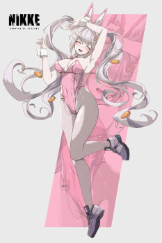 1girl absurdres alice_(nikke) alice_(wonderland_bunny)_(nikke) animal_ears areola_slip blush carrot_hair_ornament closed_eyes commentary_request copyright_name fake_animal_ears food-themed_hair_ornament goddess_of_victory:_nikke hair_ornament highres hyotenka_ichido leotard long_hair name_tag_hair_ornament open_mouth pantyhose pink_leotard playboy_bunny rabbit_ears shoes smile solo twintails white_hair white_pantyhose white_shoes