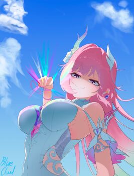 1girl absurdres artist_name blue_sky bluecloud137 breasts clenched_hand cloud commentary cyrene_(honkai:_star_rail) cyrene_(ripples_of_past_reverie)_(honkai:_star_rail) dress earrings highres honkai:_star_rail honkai_(series) imminent_punch jewelry large_breasts long_hair partially_shaded_face pink_hair purple_eyes sky smile solo symbol-only_commentary very_long_hair white_dress