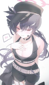 1girl absurdres animal_ear_fluff animal_ears averting_eyes bare_arms bare_shoulders black_choker black_hair black_hat black_pantyhose black_shorts black_vest blue_archive blush breasts cat_ears cat_girl choker commentary hand_on_own_chest hare_(hare_1730) hat highres large_breasts long_hair pantyhose peaked_cap ponytail serika_(blue_archive) serika_(idol)_(blue_archive) shorts single_leg_pantyhose solo thigh_strap vest