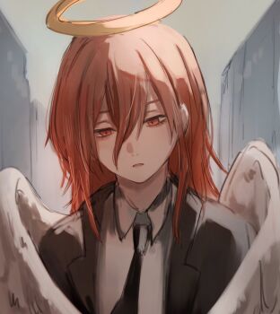 1girl angel_devil_(chainsaw_man) chainsaw_man commentary_request feathered_wings grey_background hair_between_eyes halo highres necktie open_mouth red_eyes red_hair tun_c_9 wings