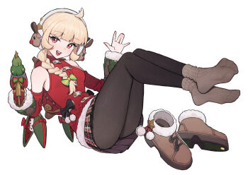 Rule 34 | 1girl, absurdres, bare shoulders, black pantyhose, blonde hair, boots, braid, brown socks, christmas, cozy juno, detached sleeves, dress, feet, full body, hat, highres, juno (overwatch), lan mao akko, long hair, looking at viewer, no shoes, open mouth, overwatch, pantyhose, plaid clothes, plaid skirt, pleated skirt, red eyes, santa costume, santa dress, shoes, simple background, skirt, socks, unworn shoes, white background