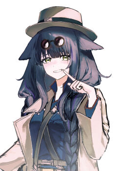 1girl animal_ears arknights black_hair braid brown_hat brown_jacket commentary_request eyewear_on_head finger_to_cheek forced_smile green_eyes hat jacket jessica_(arknights) jessica_the_liberated_(arknights) jessica_the_liberated_(ride_to_davistown)_(arknights) long_hair long_sleeves looking_at_viewer mon_(gvcs3482) official_alternate_costume open_clothes open_jacket round_eyewear simple_background solo strap white_background