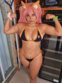 1girl animal_ears bikini bracelet brazilian_(nationality) breasts cosplay fake_animal_ears fate_(series) flexing indoors jewelry navel nooneenoni pink_hair real_life shelf sliding_doors string_bikini swimsuit tamamo_(fate) tamamo_no_mae_(fate) tan tanline twintails yellow_eyes