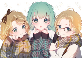 1boy 2girls bespectacled blonde_hair blue_eyes blue_hair braid cardigan commentary glasses hair_ornament hair_ribbon hairclip hands_on_own_cheeks hands_on_own_face hatsune_miku highres kagamine_len kagamine_rin long_sleeves looking_at_viewer multiple_girls off_shoulder open_mouth plaid_cardigan plaid_clothes plaid_scarf ponytail ribbon scarf short_hair short_ponytail sleeves_past_wrists smile symbol-only_commentary twin_braids vocaloid yomomo14