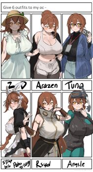 1girl :i alternate_costume anko_(nia) bespectacled black-framed_eyewear black_jacket black_wetsuit blue_jacket blue_shorts blush blush_stickers bodysuit braid breasts brown_hair brown_hat brown_pantyhose camera cleavage closed_mouth collarbone commentary crossed_bangs diving_suit double_bun dress english_commentary english_text enmaided furrowed_brow glasses hair_between_eyes hair_bun hat highres holding holding_camera huge_breasts jacket lanyard long_sleeves looking_at_viewer looking_down maid maid_headdress midriff multiple_drawing_challenge navel nia_(nia4294) open_clothes open_jacket orange_eyes original pantyhose pout shorts sidelocks single_sidelock sketch sleeveless sleeveless_dress smile snorkel sports_bra standing sun_hat upper_body v-shaped_eyebrows wetsuit white_dress white_shorts white_sports_bra