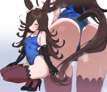 1girl alternate_costume animal_ears ass black_gloves blush brown_hair closed_eyes commentary elbow_gloves from_below gen_(unzzenasd) gloves hair_over_one_eye high_heels highres horse_ears horse_girl horse_tail long_hair multiple_views rice_shower_(umamusume) steam symbol-only_commentary tail thighhighs umamusume