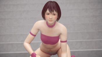 1girl 3d animated animated_gif blush bob_cut breasts brown_hair female_focus fighting_stance kneeling navel ninja short_hair small_breasts solo stairs strapless