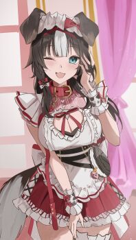 Rule 34 | 1girl, absurdres, animal collar, animal ears, apron, bibi biscuit, black hair, blue eyes, bow, breasts, cleavage, cleavage cutout, clothing cutout, collar, dog ears, dog girl, dog tail, dress, frilled dress, frilled wrist cuffs, frills, hair bow, heart, heart cutout, highres, leash, maid headdress, multicolored hair, one eye closed, open mouth, phase connect, red bow, red collar, red dress, solo, tail, two-tone hair, udonpan, virtual youtuber, white apron, white bow, white hair, wrist cuffs