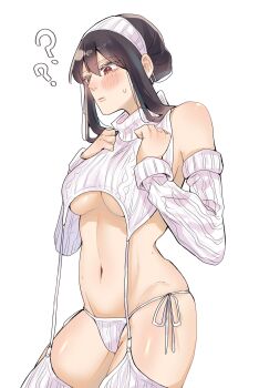 1girl ? aran_legwear black_hair blush breasts cable_knit cropped_sweater detached_sleeves earrings flustered garter_straps gold_earrings hairband highres jewelry long_hair panties red_eyes ribbed_panties ribbed_sleeves ribbed_sweater ribbed_thighhighs side-tie_panties sideboob sidelocks sleeveless sleeveless_sweater sleeveless_turtleneck spy_x_family sweater thighhighs turtleneck turtleneck_sweater umini_ikukara underboob underwear virgin_destroyer_sweater white_garter_straps white_hairband white_panties white_sweater white_thighhighs yor_briar