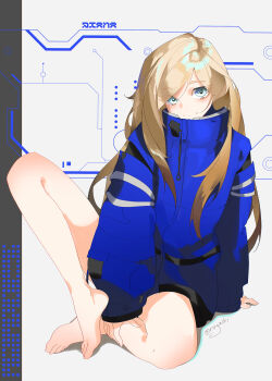 1girl absurdres aqua_eyes artist_name bare_legs barefoot blonde_hair blue_coat closed_mouth coat commentary diana_(pragmata) drawstring full_body hand_on_own_ankle highres knee_up long_hair long_sleeves looking_at_viewer padded_gloves pragmata riryachi sitting sleeves_past_wrists smile solo