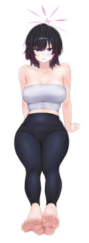 1girl absurdres arm_support barefoot black_hair black_pants blue_archive blush braid breasts cameltoe collarbone commentary_request crop_top curvy eyes_visible_through_hair feet film_grain full_body gradient_hair hair_between_eyes halo highres large_breasts legs_together looking_at_viewer medium_hair midriff multicolored_hair no_bra no_panties pants parted_lips pink_halo purple_eyes purple_hair shangdi_de_fa_zhang side_braid simple_background single_braid sitting smile soles solo straight-on subaru_(blue_archive) thighs toes white_background