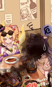 2girls absurdres bangle blue_bow blue_hair bow bracelet character_print chinese_commentary chopsticks coat comedic_sweatdrop commentary_request cooking drill_hair eating eyewear_on_head food food_on_face food_request grey_hoodie grill grilling hair_bow hat hat_bow highres holding holding_chopsticks holding_spoon hood hoodie jewelry long_hair meat multiple_girls necklace okunoda_miyoi pendant purple_coat red_bow restaurant round_eyewear shen_bi_ren_(user_rjgy2824) short_sleeves siblings sisters smoke soy_sauce spoon squiggle sunglasses table top_hat touhou twin_drills very_long_hair yorigami_jo'on yorigami_shion