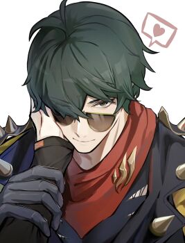 2boys bandana bandana_around_neck black_gloves black_jacket black_shirt closed_mouth commentary_request gloves green_eyes green_hair hair_between_eyes hand_on_another&#039;s_arm hand_on_another&#039;s_face heart highres jacket lighter_(zenless_zone_zero) long_sleeves male_focus multiple_boys nmmm_mm out_of_frame outstretched_arm parted_bangs red_bandana shirt simple_background smile solo_focus speech_bubble spiked_jacket spikes spoken_heart sunglasses upper_body white_background wise_(zenless_zone_zero) yaoi zenless_zone_zero